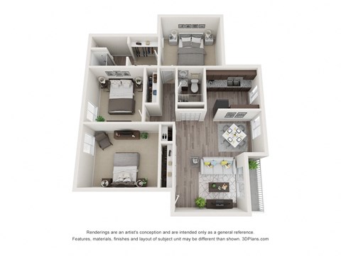 A 3D floor plan of a small apartment with a kitchen, living room, and two bedrooms.